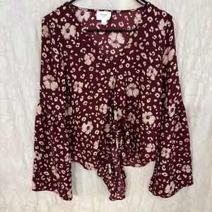 EVERLY Woman’s V-Neck Long Bell Sleeve Floral Top Burgundy Tan Size S